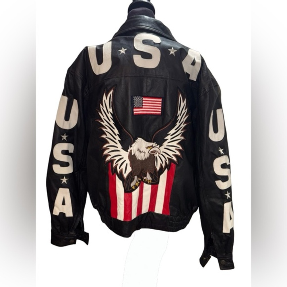 Interstate Motorcycle Jacket Mens L Buffalo Leather USA Flag Eagle Patches